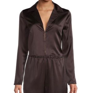 Gianni Bini- Kellie Satin Collared V-Neck Long Sleeve Blouse